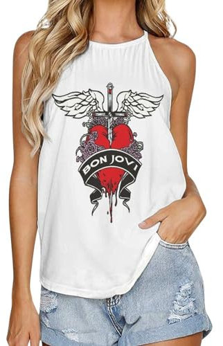 Bon Music Jovi Damen Tank Top Ärmellos Rundhals T-Shirt Casual Sport Stretchy T-Shirt, Schwarz , L