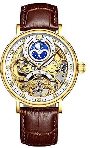 HFWXYSA Herren-Armbanduhr, Mondphase, mechanische Uhr mit Lederband, automatisch, selbstaufziehend, Tourbillon-Armbanduhr, Business-Kleideruhr für Herren