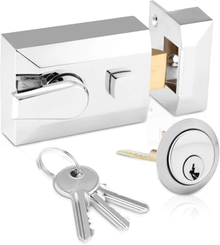 Standard Deadlocking Night Latch 60mm, Complete with Rim Cylinder and 3 Keys, Elegant Polished Chrome Nightlatch, External Door Lock for Front Door (Chrome, 60mm)