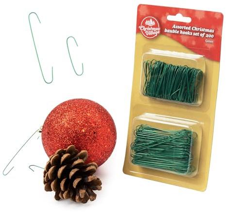 Christmas Village Assorted Bauble Hooks Set - Green Hanging Decoration Ornament Hangers for Xmas Tree, Small & Mini Hangers for Holiday DIY Décor