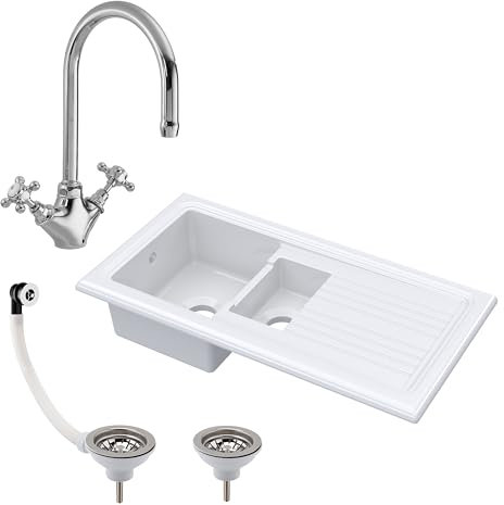 Balterley Ceramic Kitchen Sink with Drainer, Tap, Waste with Overflow, 101cm Inset Counter Top, 1.5 Double Bowl Fireclay White Sink with Mono Crosshead Tap, Reversible Sinks (White/Chrome)