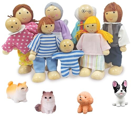 Ruikdly Casa Delle Bambole in Legno - Set Famiglia 12 Pezzi Con Gatto e Cane, Figure Pieghevoli - Accessori Regalo