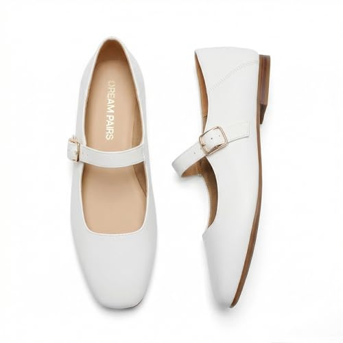 DREAM PAIRS Women's Square Toe Mary Jane Flats,White,9