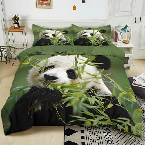 Generisch Bettwäsche 135x200 cm Tier Panda Bambus Grün 3D-Druck Bettwäsche-Sets, Weich Mikrofaser Bettbezug 3-Teilig mit 2 Kissenbezüge 80x80 cm, Bettwäsche Set mit Reißverschluss