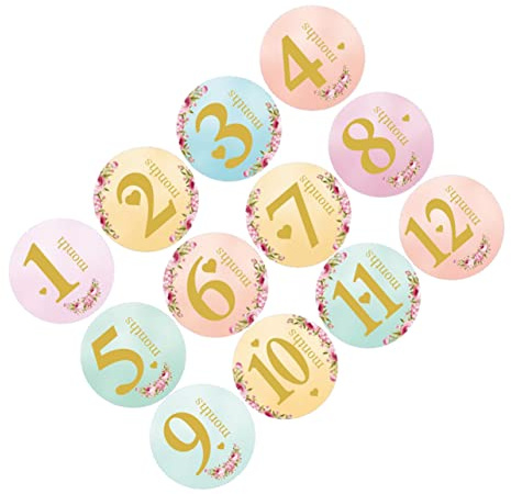 BELLIFFY 12 Runde Selbstklebende Monatsaufkleber aus Synthetischem Papier zur Dokumentation des Babywachstums mit Foto Requisiten für Neugeborene und Babypartys