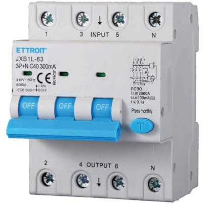 A2ZWORLD Interruttore Magnetotermico Differenziale Trifase, Tipo A 300mA, RCBO Classe A 4P C40 40A, Curva C 3P+N 6000A, Occupa 4 Moduli DIN, AC 400V IP20
