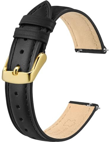 BISONSTRAP Eleganti Cinturino per Orologi in Pelle, Sgancio Rapido, Cinturino da Donna e da Uomo, 17mm, Nero (Fibbia Oro)