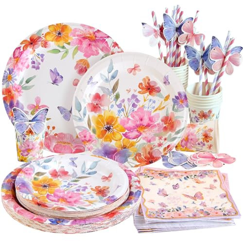 Lot de 80 décorations d'anniversaire papillon - Vaisselle de fête - Décoration florale - Assiettes en carton pour fille (16 invités)