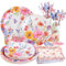 Juego de 80 adornos de cumpleaños de mariposa, vajilla de fiesta, decoración floral, platos de cartón para niña (16 invitados)