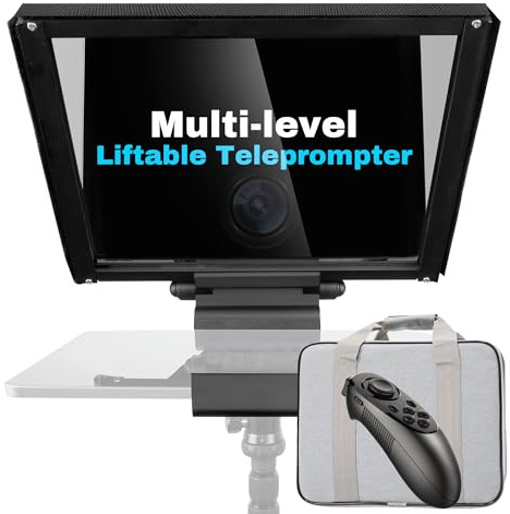 GEIMRSY i7/14 Zoll Teleprompter mit Fernbedienung, verstellbare Kamera-Montageplattform (Aluminium), drehbares gehärtetes optisches Glas, Tragetasche im Lieferumfang enthalten.