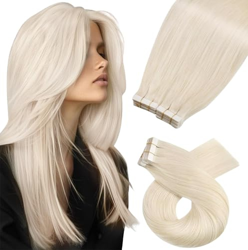 Moresoo Tape in Hair Extensions Human Hair White Blonde Invisible 24 Inch | Salon Quality, Adds Volume to Fine Hair, Long Lasting Hold, For Wedding and Party Styling, Adds Dramatic Length, Dyeable