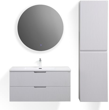 Moments of Glass Conjunto Baño Tália 100cm Blanco - Mueble Suspendido + Lavabo Resina + Espejo LED Ø800mm