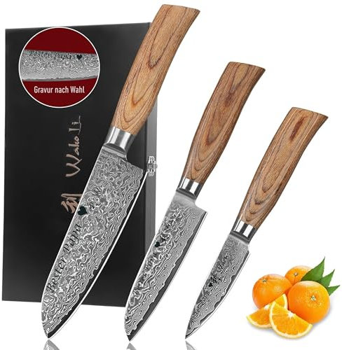 Wakoli EDIB Pro Damastmesser Set mit Gravur – Personalisiertes 3er Messerset, 16 cm, 11 cm & 8 cm Klingen aus 67 Lagen Damaststahl (VG10-Kern), ergonomische Pakkaholzgriffe – in Holzbox