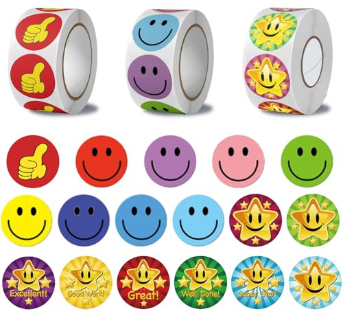 1500 Gommette Smiley Autocollant Sticker, Stickers Récompense Enfants, Autocollants de Récompense pour Enseignants, Rouleau Autocollant Rond pour Parent Enfant Élève Scolaire, Rondes de 2,5 cm