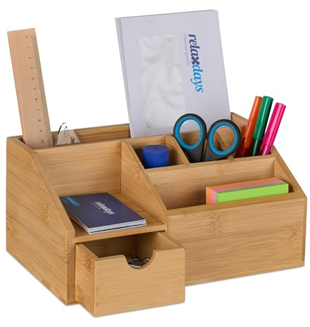 Relaxdays Desk Organiser, Drawer & Pen Holder, 6 Compartments, HxWxD: 11 x 24.5 x 15 cm, Office Storage, Bamboo, Natural
