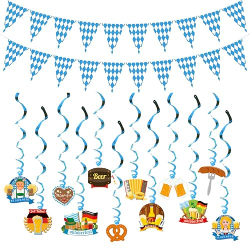 Oktoberfest Deko Set, 26-teilig, Spiralen und Banner | Papier und Polyethylen; Für Innen und Außen, Hausgarten, Bar, Bierzelt, Bierfest, Party