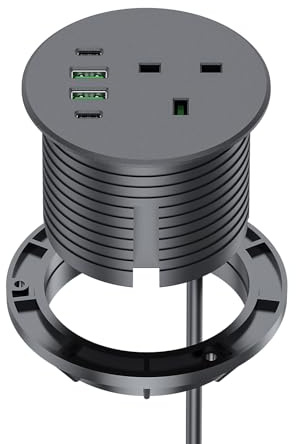 Recessed Power Socket with USB C, Haiaoyyds Desk Socket Grommet with 1 UK Plug, 4 USB Ports, 2M Cable, Worktop Socket 76mm Hole for Home Office (Black)