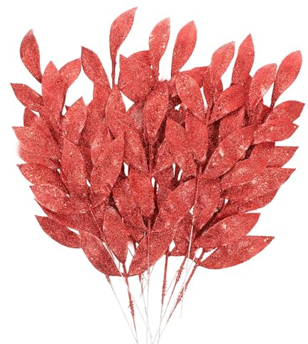 MWOOT 16 Pezzi Foglie di Natale Artificiale Glitterate, Finti Foglie Natalizio Rosso con Steli, Rami di Foglia in Plastica per Ghirlanda Albero di Natale Bouquet di Nozze Casa Giardino Decorazione