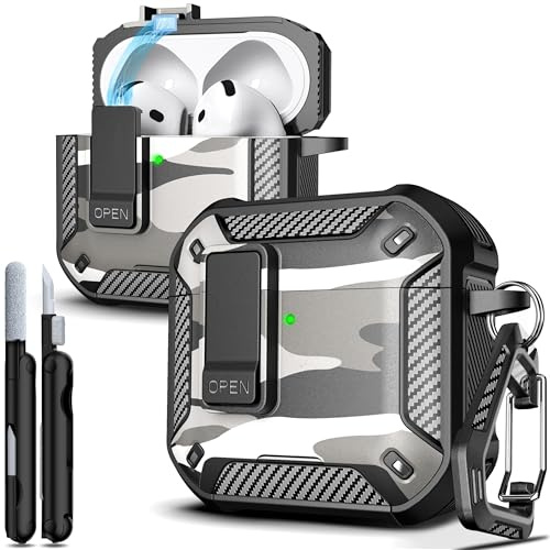 R-fun Hülle für AirPods 4, Elemente aus Karbonfaser, militärische Fallschutz-Abdeckung mit automatischem Aufklappen, Telefonständer/magnetischer Basis mit Karabinerhaken/Reinigungsset, SnowCamo