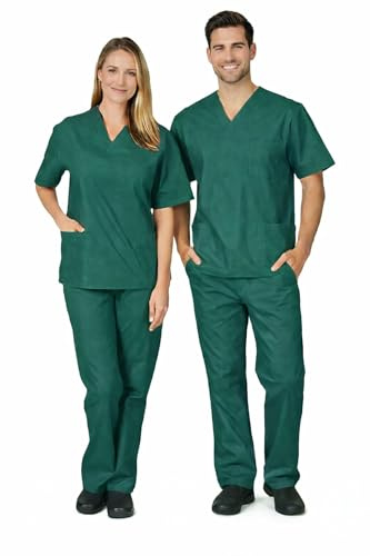 Sky Mens and Womens Hospital Doctors Scrub Trousers Top Set, Medical Doctor Uniform, Lightweight Fabric Medical Work Wear, Bottle Green, L