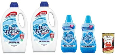 Italian Gourmet Bundle 2x Flüssigwaschmittel Blu Mare 1595ml + 2x Weichspüler Blu Mare 650ml + Italian Gourmet Polpa – Waschmittel & Weichspüler Set – Wäschepflege Vorratspack mit Meeresduft