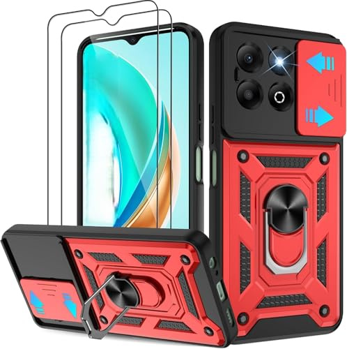 PIXFAB for Honor 400 Smart Case with 2 x Screen Protector Tempered Glass, Shockproof Case with Camera Lens Protection, Protective Ring Armour Phone Case Cover with [Kickstand] - Red