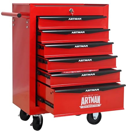 ELIHGTBY Werkzeugwagen 6 Schubladen auf Rollen, Profi Stahl Rot&Schwarz | ELIHGTBY Werkzeugwagen mit 6 Schubladen auf Rollen, Profi Stahl‑Design Rot&Schwarz, leer, zentral abschließbar für Werkstatt