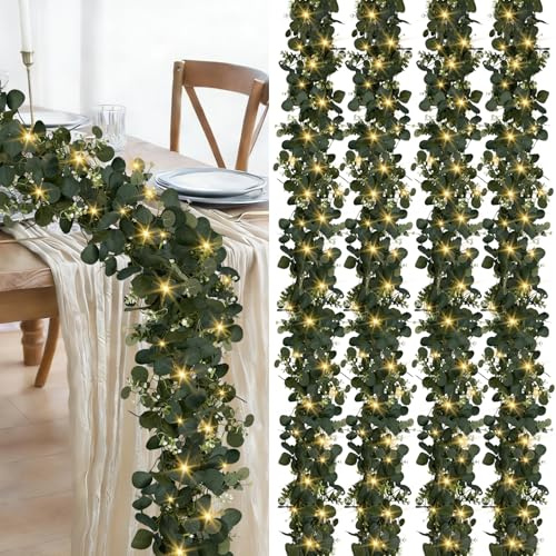 WEITANKG Eucalyptus Garland with Lights, 4 Packs 6FT Artificial Lighted Garland, Spring Summer Green Faux Garlands for Indoor Outdoor Home Decor Table Runner Wedding Arches Backdrops Decor