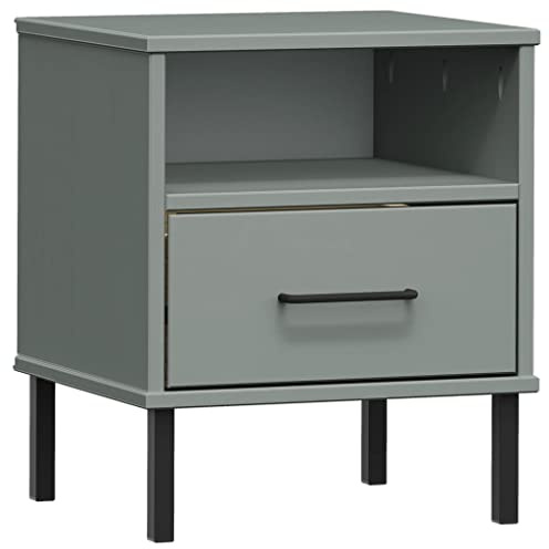 Favemtsl Nachttisch Oslo aus massiver Kiefer Grau Metallbeine 40x35x46,5 cm mit Schublade & Fach Modernes Industrial Design Robuster Nachtkästchen für Schlafzimmer & Gästezimmer