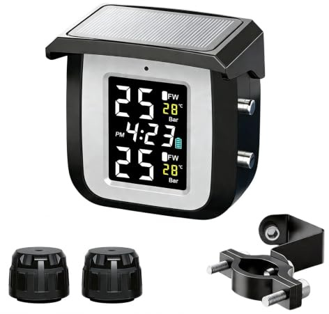 Motorrad Wireless TPMS, Solar & USB Charging, IP65 Waterproof, 0.1–6 Bar | Auto Sleep/Wake, 2 External Sensors, Real-Time Tire Pressure Monitoring for Motorcycles