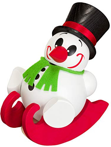Seiffener Volkskunst | Deko Räuchermännchen | Cool-Man Räuchermann 10 cm | Schneemann | Original Erzgebirge | 19091 | fährt Schlitten