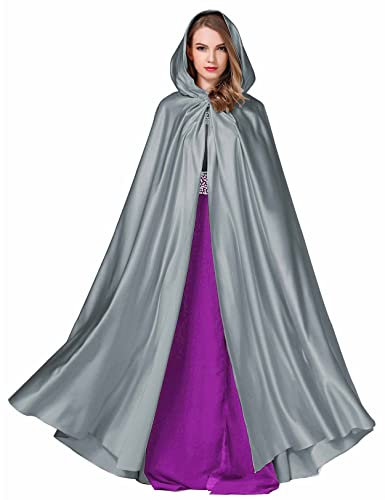 BEAUTELICATE Cape à Capuche Longue pour Femme Mariée Mariage Poncho en Satin De Automne Hiver Manteau Médiéval Unisexe Déguisement De Halloween Noël Carnaval(Taille Unique, Argent Foncé)