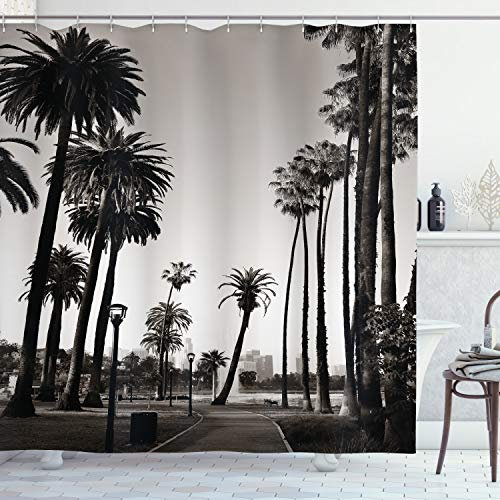ABAKUHAUS Palme Duschvorhang, Los Angles Park View, Stoffliches Gewebe Badezimmerdekorationsset mit Haken, 175 x 200 cm, Dunkelbraun Weiß