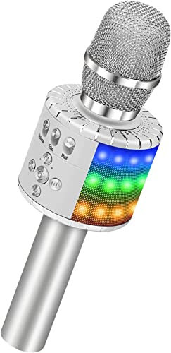 BONAOK Microphone for Kids, Bluetooth Wireless Microphone Karaoke, 3 in 1 Portable Handheld Karaoke Mic with Lights, Birthday Gift Home Party Karaoke Machine for Android, for iPhone, for PC(Silver)