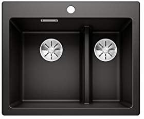 BLANCO PLEON 6 Split, Fregadero de granito de SILGRANIT negro, instalación desde arriba, lavabo principal a la izquierda, para armarios inferiores de 60 cm de ancho, concepto dividido: barra bajada,