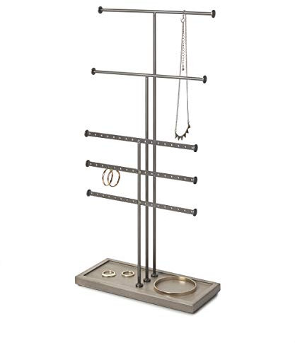 Umbra Trigem Hänge-Organizer – 5 Etagen Tisch-Halskettenhalter, Box Display mit Schmucktablett Basis, Grau/Zinn