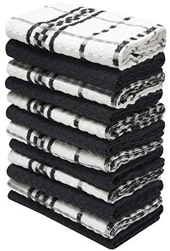 K Collection 12 Pack Check Kitchen Towels Set - 40 x 70 cm, Black and White - 100% Ring Spun Cotton (285GSM) Super Soft and Absorbent Dish Towels, Tea Towels and Bar Towels