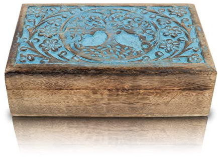 Great Birthday Gift: Handmade Decorative Tree of Life Wooden Keepsake Treasure Chest Trinket Holder Lock Box Watch Box (Blue Wash Finish)