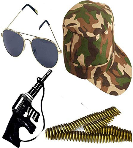 RARA® Armee-Helden-Kostüm-Set für Herren und Damen, Tarnmütze, aufblasbare Maschinengewehr, Pilotenbrille, Kugelgürtel ~ Mottoparty, 4-teiliges Militär-Kostüm