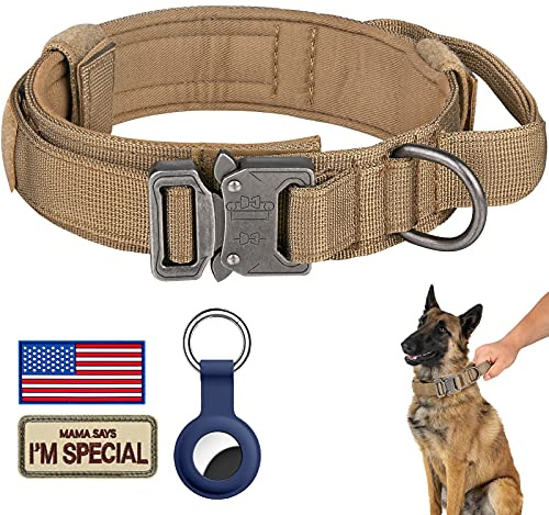 Taktisches Hundehalsband, verstellbar, Militär-Training, Nylon-Hundehalsband mit Kontrollgriff für mittelgroße und große Hunde, mit Patches und Airtags-Hülle (L, Braun)