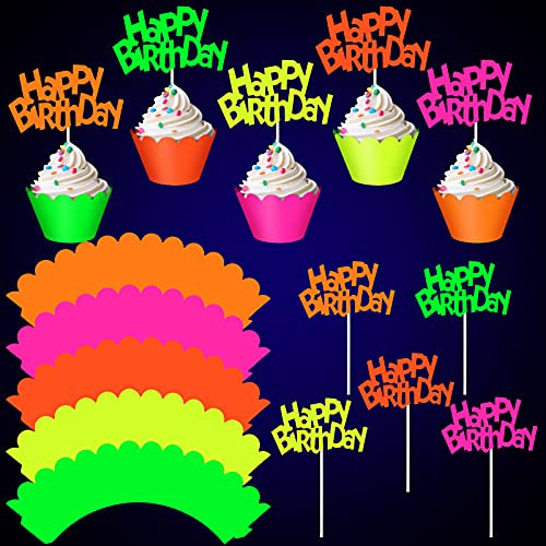 40 Pcs Glow in The Dark Neon Cupcake Toppers & Wrappers - Glow Party Supplies for Neon Birthday Party & Wedding Decorations