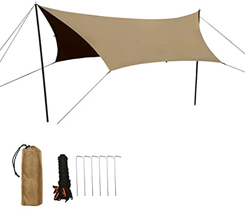 0℃ Outdoor Wasserdichter Camping-tarp, Hängematten Zelt Zeltplanen Tent Tarp, Leichte Tragbare Regen Fliegen, Zeltplane Sonnensegel für Camping, Sonnenschirm, Wandern, Strandstrand,Braun,510x510cm