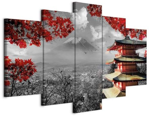 murando - Akustikbild Schwarz Weiß rot, 225x112 cm, 5-teilig, Schallschutz | Verbessert Raumakustik, reduziert Hall, ideal fürs Büro oder Wohnzimmer, hochwertige Verarbeitung, schnelle Montage, stilvoll