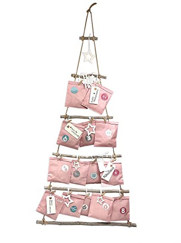 Frau WunderVoll® DIY Adventskalender Weihnachtsbaum rosa Papiertüten, Ziffern Pastell, Höhe ca 110 cm/Holz Leiterbaum Adventskalender Weihnachten Advent Deko Tannenbaum Wanddekoration