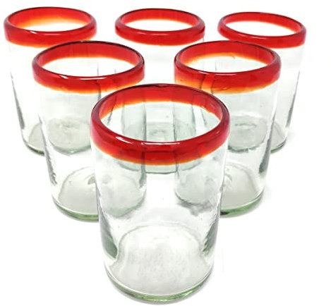Dos Sueños Mundgeblasene mexikanische Trinkgläser – Set mit 6 Gläsern mit rotem Rand (je 400 ml)