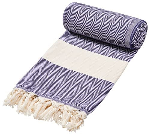 Sowel® Hamam Fouta, Serviette de Plage, 100% Coton, Bleu Marine, 200 x 100 cm
