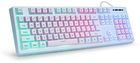 HUO JI Gaming Keyboard USB Wired with Rainbow LED Backlit, Floating Keys, Mechanical Feeling, Spill Resistant, Ergonomic for Xbox, PS Series, Desktop, Computer, PC, Purple Blue