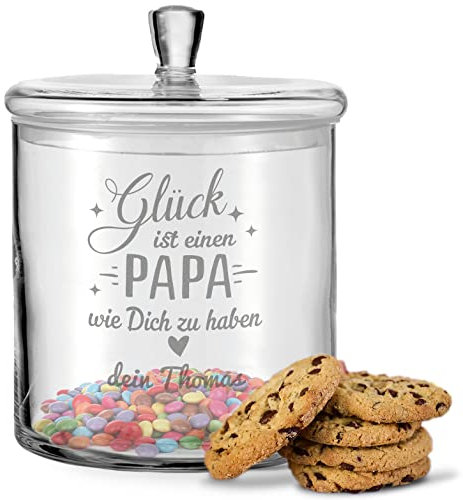 GRAVURZEILE Leonardo Keksglas mit Gravur - Glück ist einen Papa Design & Wunschname - Keksdose Bonbonglas mit Deckel - Geschenk für Papa als Geschenk zum Vatertag
