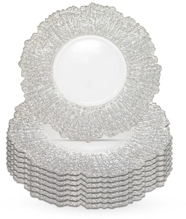 Trimming Shop Charger Plate White Crackled Design - Silver, 6pcs | 33cm (13 Inch) Decorative Dinner Chargers for Table Setting, Wedding, Party, Home & Event Décor, Dinner Table Decoration