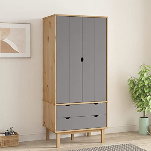 Tidyard Kleiderschrank mit 2 Schubladen und 1 großem Fach Kleiderständer Schrank Kleiderstange Garderobenschrank Massivholz Kiefer Braun Grau 76,5x53x172 cm